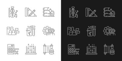 Different types of school subjects linear icons set for dark and light mode. Scientific study. Music classes. Customizable thin line symbols. Isolated vector outline illustrations. Editable stroke