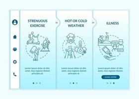 Increased fluid consumption blue gradient onboarding vector template. Responsive mobile website with icons. Web page walkthrough 3 step screens. Rehydration color concept with linear illustrations