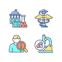 Experimental medicine RGB color icons set. Government funding. Medical school. Studying risk factors. Testing new medications. Isolated vector illustrations. Simple filled line drawings collection