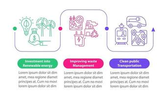 prevenir la plantilla infográfica vectorial del cambio climático. elementos de diseño de contorno de presentación de transporte limpio. visualización de datos con 3 pasos. gráfico de información de la línea de tiempo del proceso. diseño de flujo de trabajo con iconos de línea vector