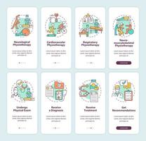 Physiotherapy onboarding mobile app page screen. Physical treatment walkthrough 4 steps graphic instructions with concepts. UI, UX, GUI vector template with linear color illustrations