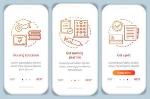 Nursing education onboarding mobile app page screen vector template. Become caregiver walkthrough website steps with linear illustrations. Getting carer, nurse job. UX, UI, GUI smartphone interface