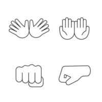 Hand gesture emojis linear icons set. Thin line contour symbols. Jazz, hug, begging gesturing, punching fists. Cupped and opened palms. Isolated vector outline illustrations. Editable stroke