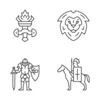 Meddieval linear icons set. Burning torch, Lion head shield, Knight in full armor, Horse knight with flag and lance. Thin line contour symbols. Isolated vector outline illustrations. Editable stroke