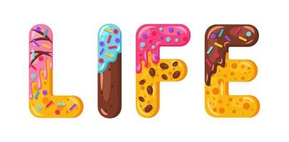 Donut cartoon life biscuit bold font style. Glazed capital letters. Tempting flat design typography. Cookies, chocolate letters. White background. Pastry, bakery, waffle isolated vector clipart