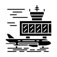 Airport outside glyph icon. Plane runway. Airplane landing strip. Aerodrome building. Jet airfield. Aviation service. Air terminal. Silhouette symbol. Negative space. Vector isolated illustration