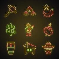 Mexican culture neon light icons set. Latin American national music, dance, food, nature, fun, people. Cinco de Mayo festival. Glowing signs. Vector isolated illustrations