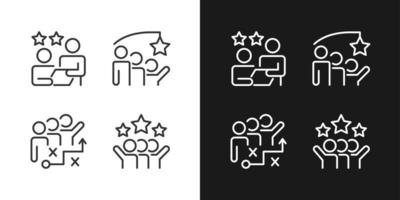 Group achievement pixel perfect linear icons set for dark, light mode. Stategy planning. Successful cooperation. Thin line symbols for night, day theme. Isolated illustrations. Editable stroke vector