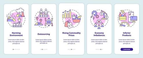 Market economy disadvantages onboarding mobile app screen. Walkthrough 5 steps graphic instructions pages with linear concepts. UI, UX, GUI template. Myriad Pro-Bold, Regular fonts used vector