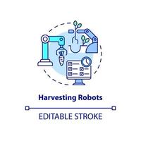 Harvesting robots concept icon. Innovative agricultural industry abstract idea thin line illustration. Isolated outline drawing. Editable stroke. Roboto-Medium, Myriad Pro-Bold fonts used vector
