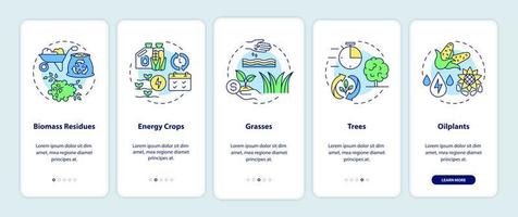 Biomass energy sources on farm onboarding mobile app screen. Energy crops walkthrough 5 steps graphic instructions pages with linear concepts. UI, UX, GUI template. Myriad Pro-Bold, Regular fonts used vector