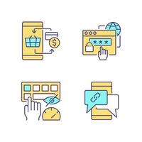Dealing with digital technology RGB color icons set. Personal security. Contactless payment. Blind typing skills. Isolated vector illustrations. Simple filled line drawings collection. Editable stroke