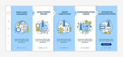 Smart grid components blue and white onboarding template. Power system. Responsive mobile website with linear concept icons. Web page walkthrough 5 step screens. Lato-Bold, Regular fonts used vector