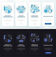 Smart grid system night and day mode onboarding mobile app screen. Power walkthrough 4 steps graphic instructions pages with linear concepts. UI, UX, GUI template. Myriad Pro-Bold, Regular fonts used vector