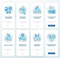 la vida después de la vacunación incorporando el conjunto de pantalla de la página de la aplicación móvil. tutorial de nuevas oportunidades instrucciones gráficas de 4 pasos con conceptos. ui, ux, plantilla vectorial gui con ilustraciones en color lineal vector