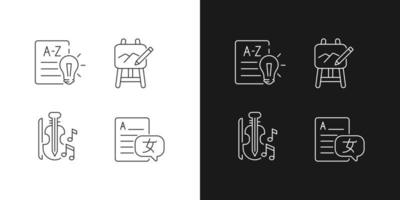 Variety of subjects in school linear icons set for dark and light mode. Art classes. Music education. Customizable thin line symbols. Isolated vector outline illustrations. Editable stroke