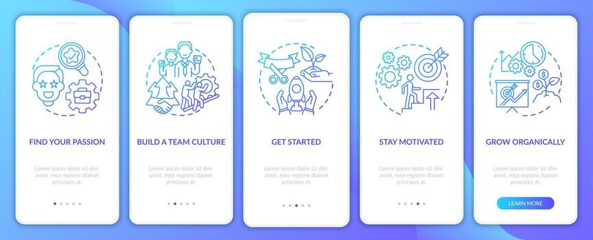 Steps to start social enterprise blue gradient onboarding mobile app page screen. Walkthrough 5 steps graphic instructions with concepts. UI, UX, GUI vector template with linear color illustrations