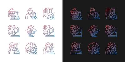 Clinical study gradient icons set for dark and light mode. Evaluating new drugs and treatments. Thin line contour symbols bundle. Isolated vector outline illustrations collection on black and white