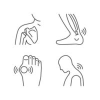 Musculoskeletal pain linear icons set. Dislocated shoulder. Muscles overstretching. Neck rheumatism. Customizable thin line contour symbols. Isolated vector outline illustrations. Editable stroke