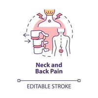 Neck and back pain concept icon. Patient with spine ache from bad posture. Physiotherapy abstract idea thin line illustration. Vector isolated outline color drawing. Editable stroke