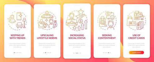 pantalla de la página de la aplicación móvil de incorporación de gradiente rojo de motivación de consumismo. tutorial de compra instrucciones gráficas de 5 pasos con conceptos. ui, ux, plantilla vectorial gui con ilustraciones en color lineal vector