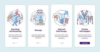 PT treatments onboarding mobile app page screen. Physical health. Physiotherapy walkthrough 4 steps graphic instructions with concepts. UI, UX, GUI vector template with linear color illustrations