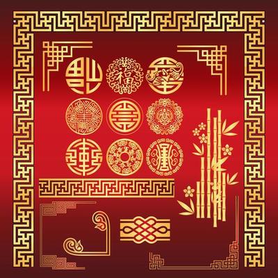 Set of Border Pattern Frame Elements Chinese New Year Traditional Decoration