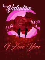 Valentines Day Card Template with Roses Tree and Couple Silhouette vector