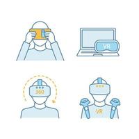 Virtual reality color icons set. VR cardboard, players, computer headset, 360 degree video. Isolated vector illustrations