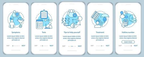 Depression overcoming onboarding mobile app page screen vector template. Symptoms, tests, treatment. Walkthrough website steps with linear illustrations. UX, UI, GUI smartphone interface concept