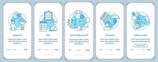 depresión que supera la incorporación de la plantilla de vector de pantalla de página de aplicación móvil. síntomas, pruebas, tratamiento. paso a paso del sitio web con ilustraciones lineales. ux, ui, concepto de interfaz de teléfono inteligente gui