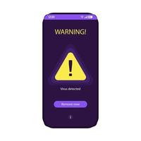 Mobile security app smartphone interface vector template. Warning message on phone screen purple design layout. Virus detected notification page. Malware guard flat UI. Antivirus application display