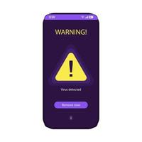 plantilla de vector de interfaz de teléfono inteligente de aplicación de seguridad móvil. mensaje de advertencia en el diseño de diseño púrpura de la pantalla del teléfono. página de notificación de detección de virus. interfaz de usuario plana de protección contra malware. visualización de la aplicación antivirus