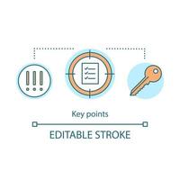 Key features, points concept icon. Key points. Tasklist idea thin line illustration. Rules, tips, guide. Important, warning information. Vector isolated outline drawing. Editable stroke