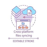 Icono de concepto de sincronización de archivos multiplataforma. computación en la nube, idea de acceso remoto a la información ilustración de línea delgada. transferencia de datos, tecnología en línea. dibujo de contorno aislado vectorial. trazo editable vector