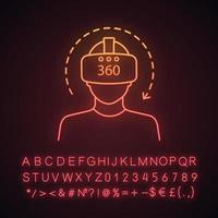 Virtual reality video neon light icon. 360 degree video. VR player with VR mask, glasses, headset and rotation arrow. Glowing sign with alphabet, numbers and symbols. Vector isolated illustration