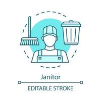 Janitor concept icon. Cleaning agency staff idea thin line illustration. Street sweeping. Porter cleans hospitals, schools. Buildings maintenance. Vector isolated outline drawing. Editable stroke