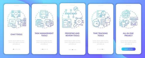 Business productivity tools blue gradient onboarding mobile app screen. Walkthrough 5 steps graphic instructions pages with linear concepts. UI, UX, GUI template. Myriad Pro-Bold, Regular fonts used vector