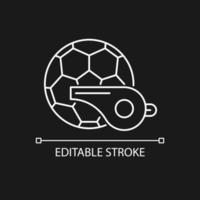 Physical training white linear icon for dark theme. Soccer ball, whistle. Sport activities. Thin line customizable illustration. Isolated vector contour symbol for night mode. Editable stroke