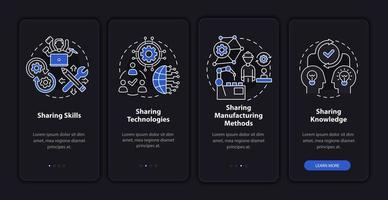 Dissemination methods onboarding mobile app page screen. Sharing technologies walkthrough 4 steps graphic instructions with concepts. UI, UX, GUI vector template with linear night mode illustrations