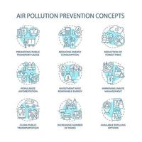 Air pollution prevention concept icons set. Renewable energy idea thin line color illustrations. Popularize afforestation. Refilling options. Vector isolated outline drawings. Editable stroke