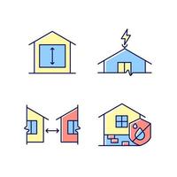 Building safe house RGB color icons set. Minimum ceiling heights. Lightning rod. Distance between buildings. Damp proofing. Isolated vector illustrations. Simple filled line drawings collection
