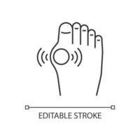 Gout linear icon. Inflammatory arthritis type. Uric acid buildup. Affecting joint in big toe. Thin line customizable illustration. Contour symbol. Vector isolated outline drawing. Editable stroke