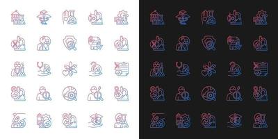 Clinical trials gradient icons set for dark and light mode. Experimental medicine research. Thin line contour symbols bundle. Isolated vector outline illustrations collection on black and white