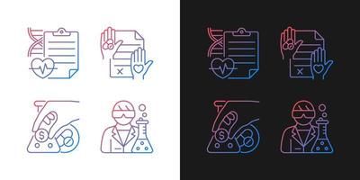 Experimental research gradient icons set for dark and light mode. Measure clinical outcomes. Thin line contour symbols bundle. Isolated vector outline illustrations collection on black and white