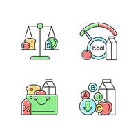 Insufficient food consumption RGB color icons set. Malnutrition and hunger issue. Grocery products sale. Food justice. Isolated vector illustrations. Simple filled line drawings collection