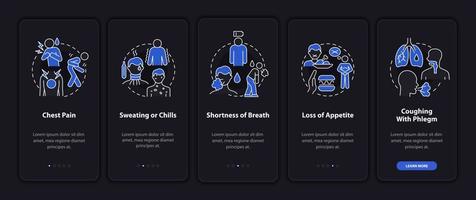 Pneumonia diagnosis onboarding mobile app page screen. Chest pain walkthrough 5 steps graphic instructions with concepts. UI, UX, GUI vector template with linear night mode illustrations
