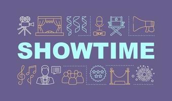 Showtime word concepts banner. Concert show. Event meeting in theatre. Cinema audience. Presentation, website. Isolated lettering typography idea with linear icons. Vector outline illustration