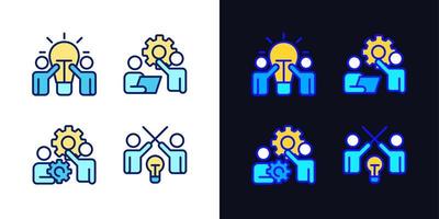 Successful teamwork pixel perfect light and dark theme color icons set. New ideas. Simple filled line drawings. Bright cliparts on white and black. Editable stroke. Quicksand-Light font used vector