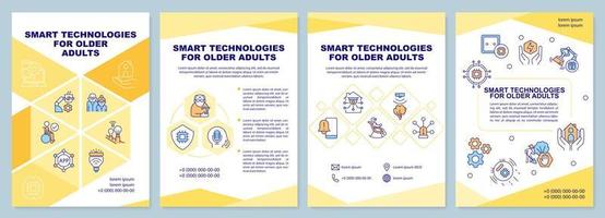 Plantilla de folleto naranja de tecnologías inteligentes para adultos mayores. diseño de folletos con iconos lineales. 4 diseños vectoriales para presentación, informes anuales. arial-black, innumerables fuentes pro-regulares utilizadas vector